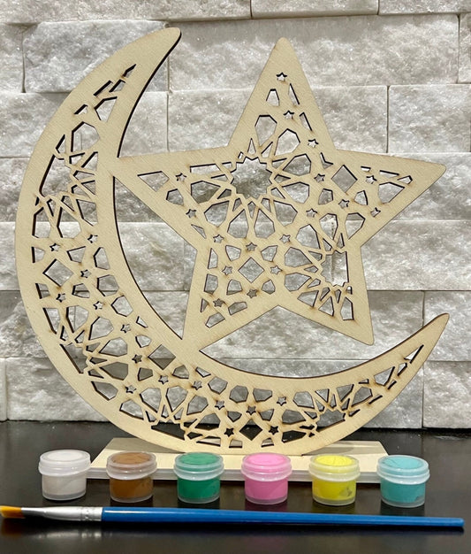 Wood Moon Star Eid Ramadan Decor | DIY Paint Your Own Set | Eid Gift | Ramadan Gift | Ramadan Kids Activity | Desk Decor | Geometric Moon